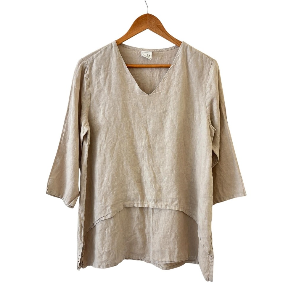 Pure Match Linen Tunic Top Womens S Beige High Low Coastal Minimalist Neutral